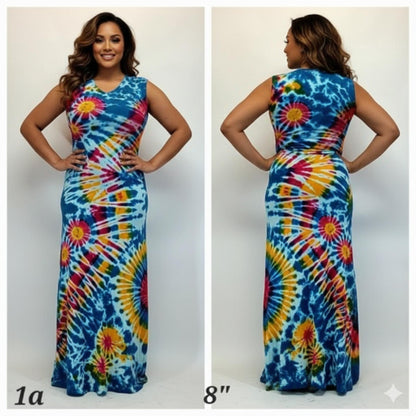 Tie-dye dress shown from front and back on a white background