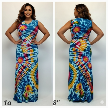 Tie-dye dress shown from front and back on a white background