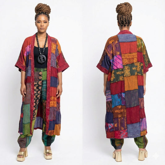 Woman wearing a colorful patchwork duster on a white background