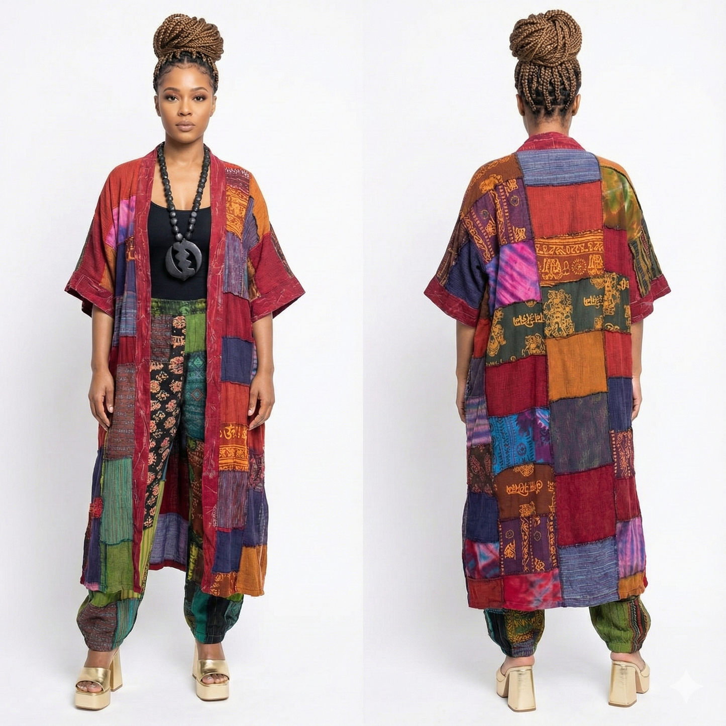 Woman wearing a colorful patchwork duster on a white background