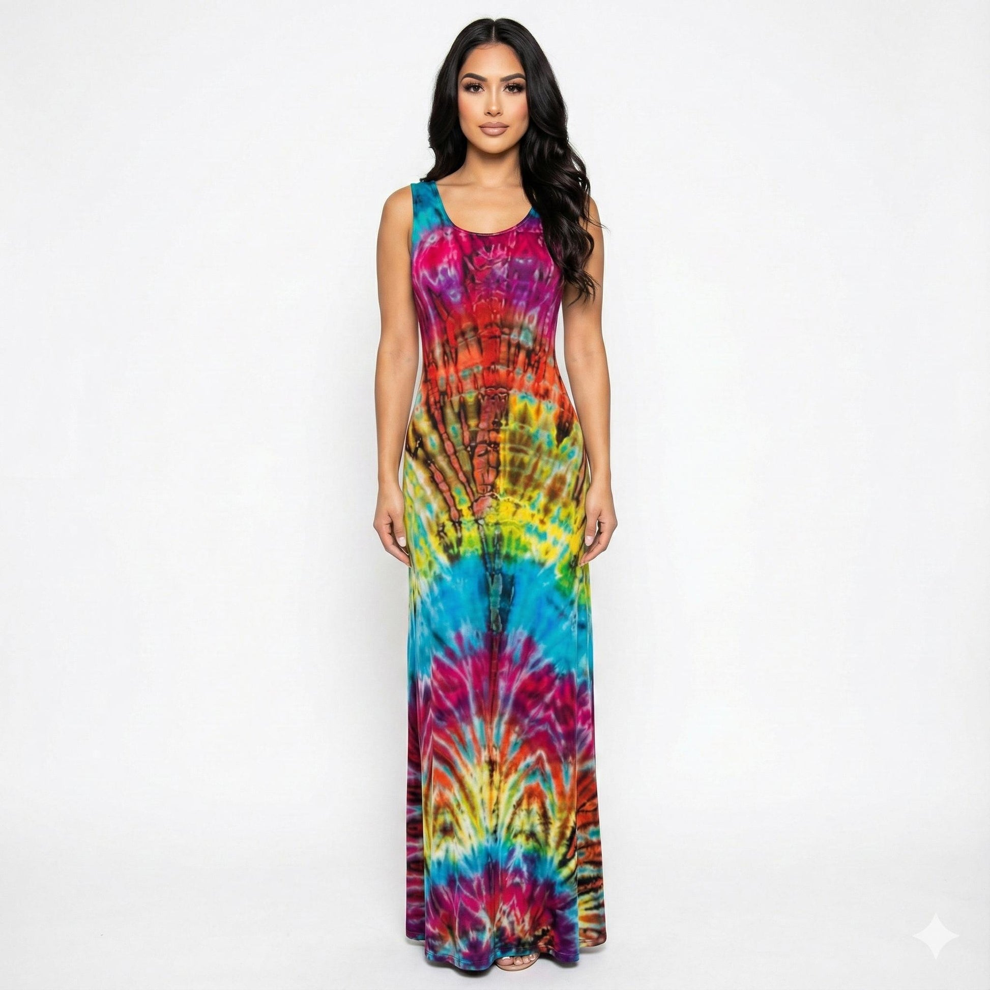 Woman wearing a tie-dye dress on a white background