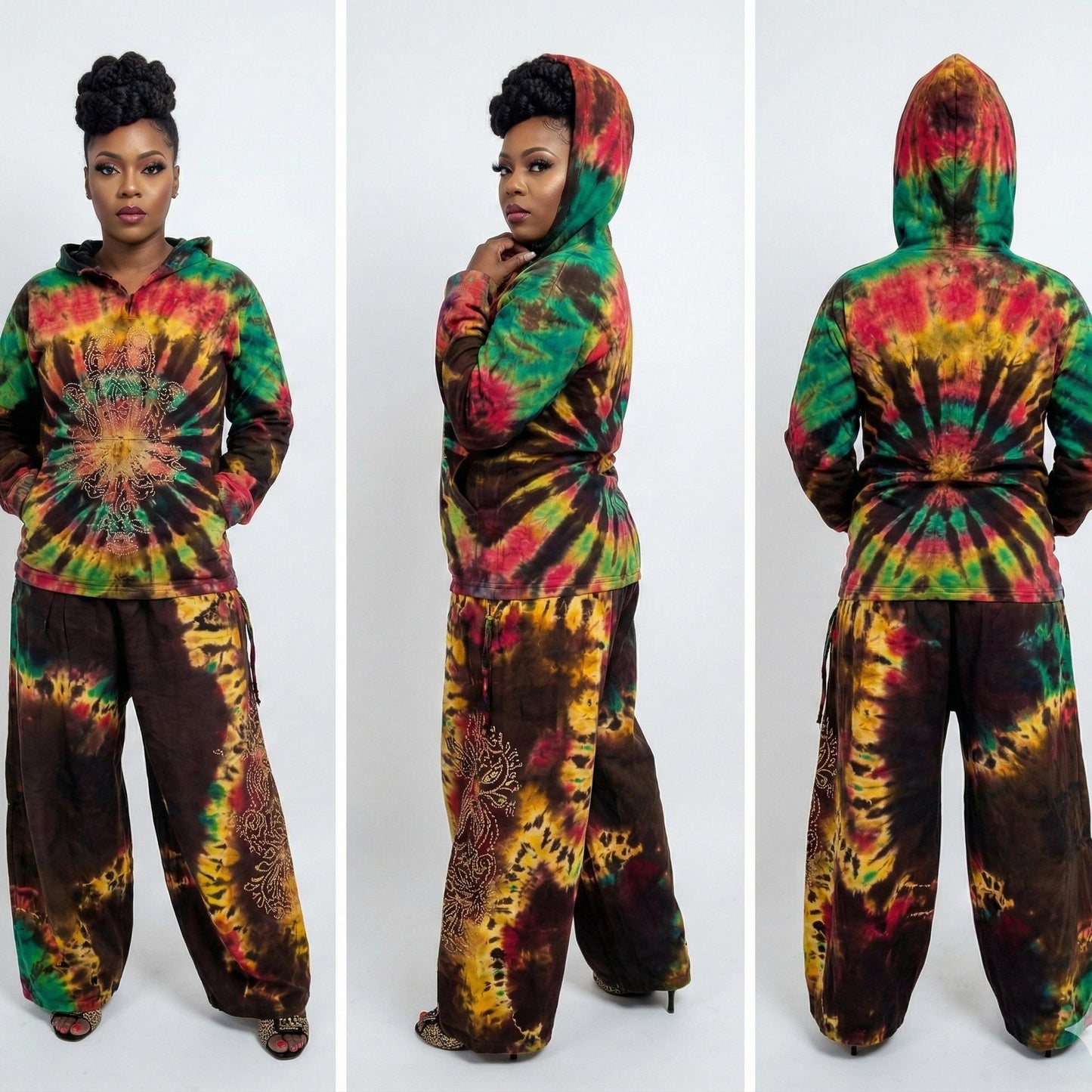 Tie-dye hoodie and pants set worn by a model on a white background