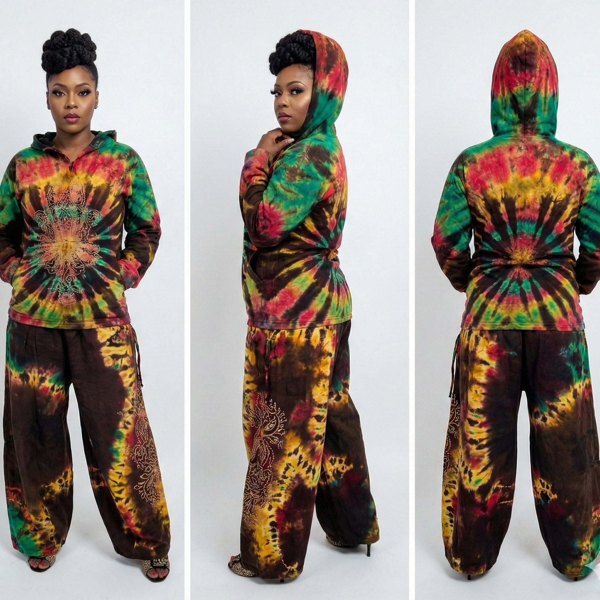 Tie-dye hoodie and pants set worn by a model on a white background