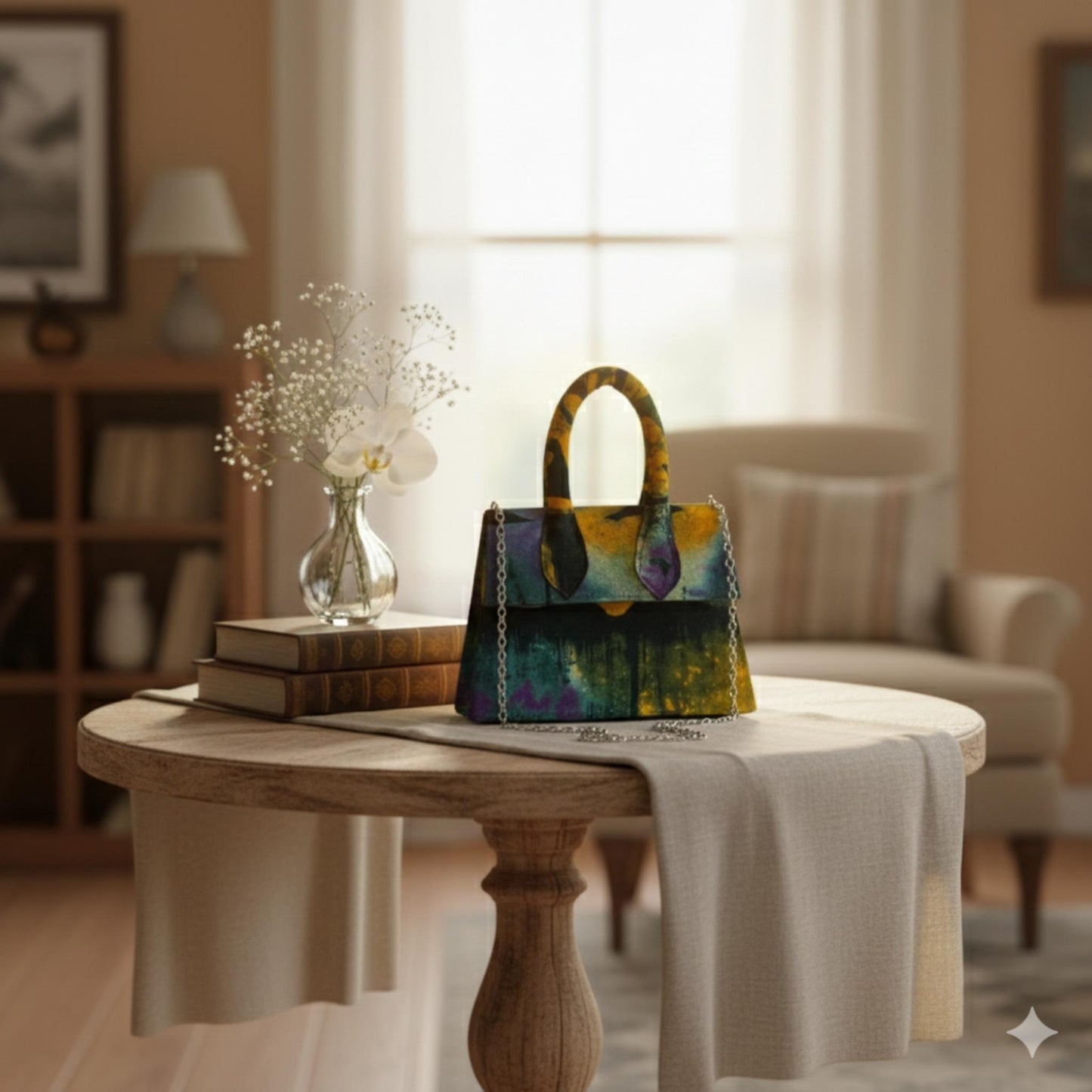 Colorful handbag on a wooden table in a cozy living room setting