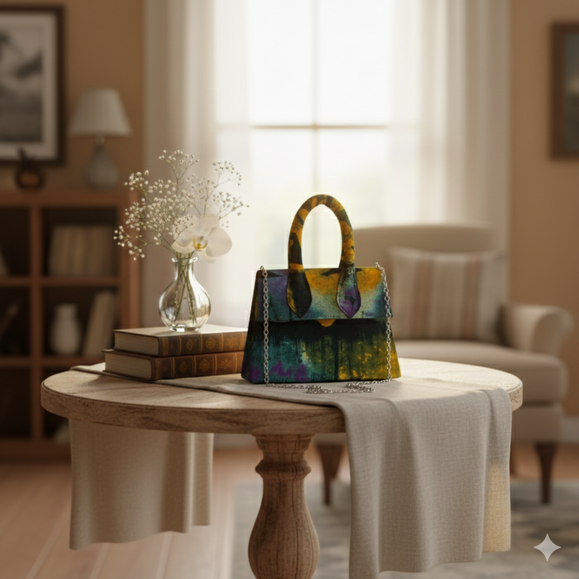 Colorful handbag on a wooden table in a cozy living room setting