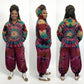 Person wearing a tie-dye hoodie and pants set from front, side, and back views on a white backgroun
