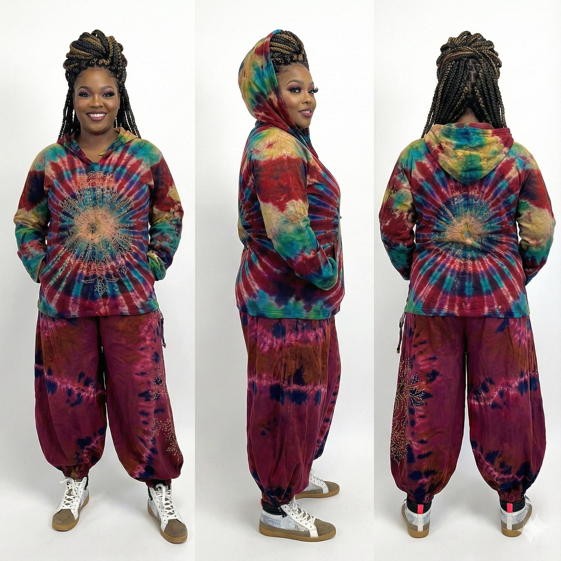 Person wearing a tie-dye hoodie and pants set from front, side, and back views on a white backgroun