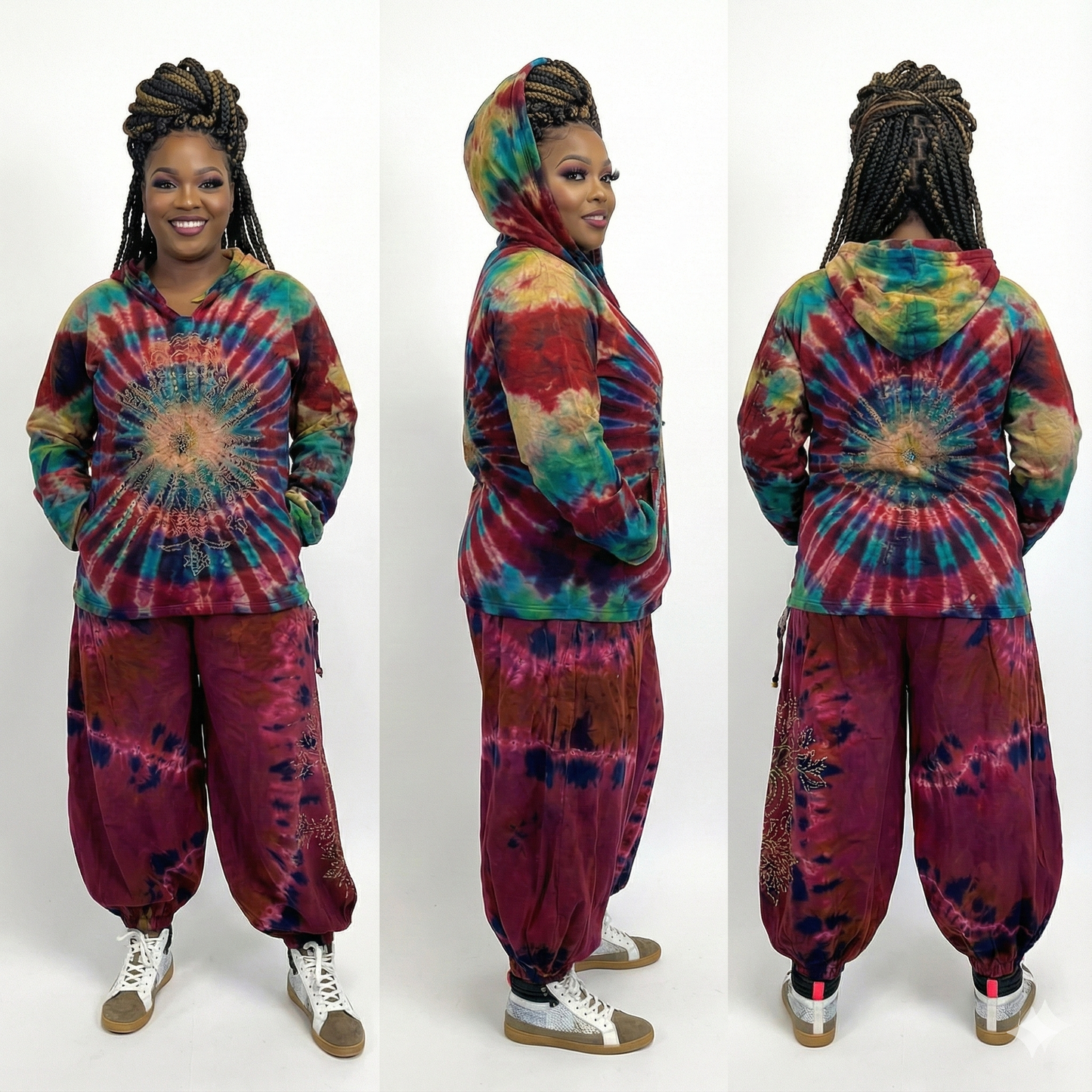 Person wearing a tie-dye hoodie and pants set from front, side, and back views on a white backgroun