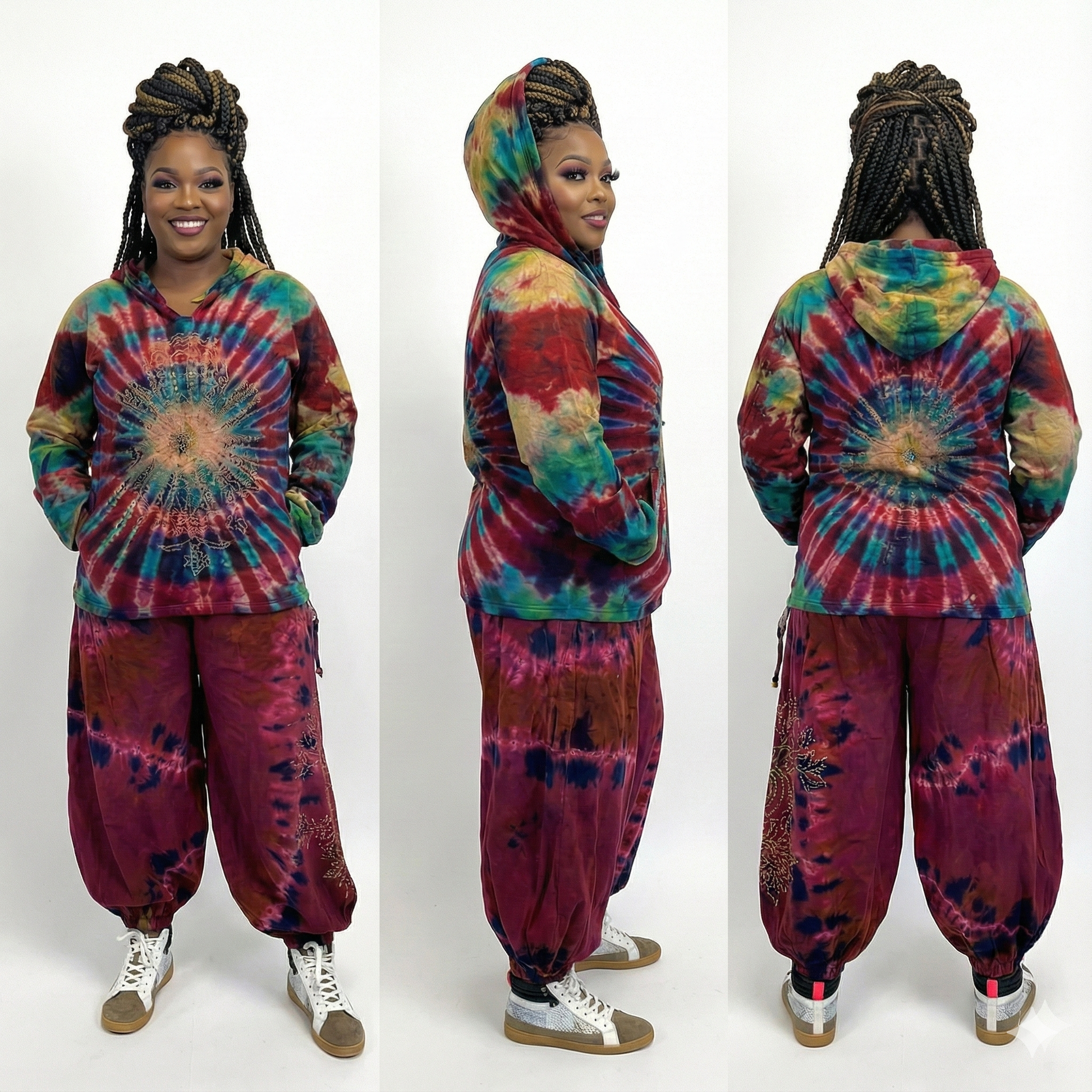 Person wearing a tie-dye hoodie and pants set from front, side, and back views on a white backgroun