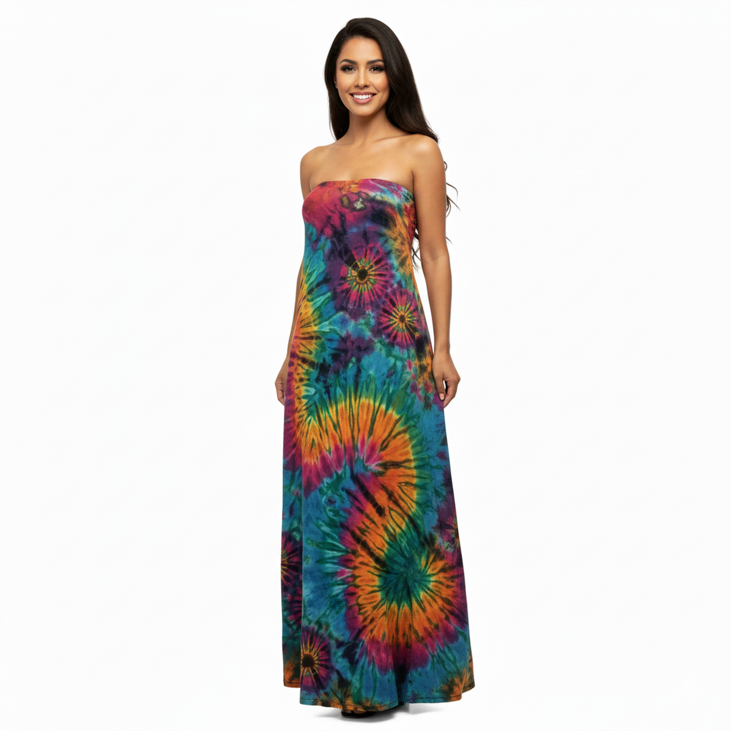 Woman wearing a colorful tie-dye strapless dress on a white background