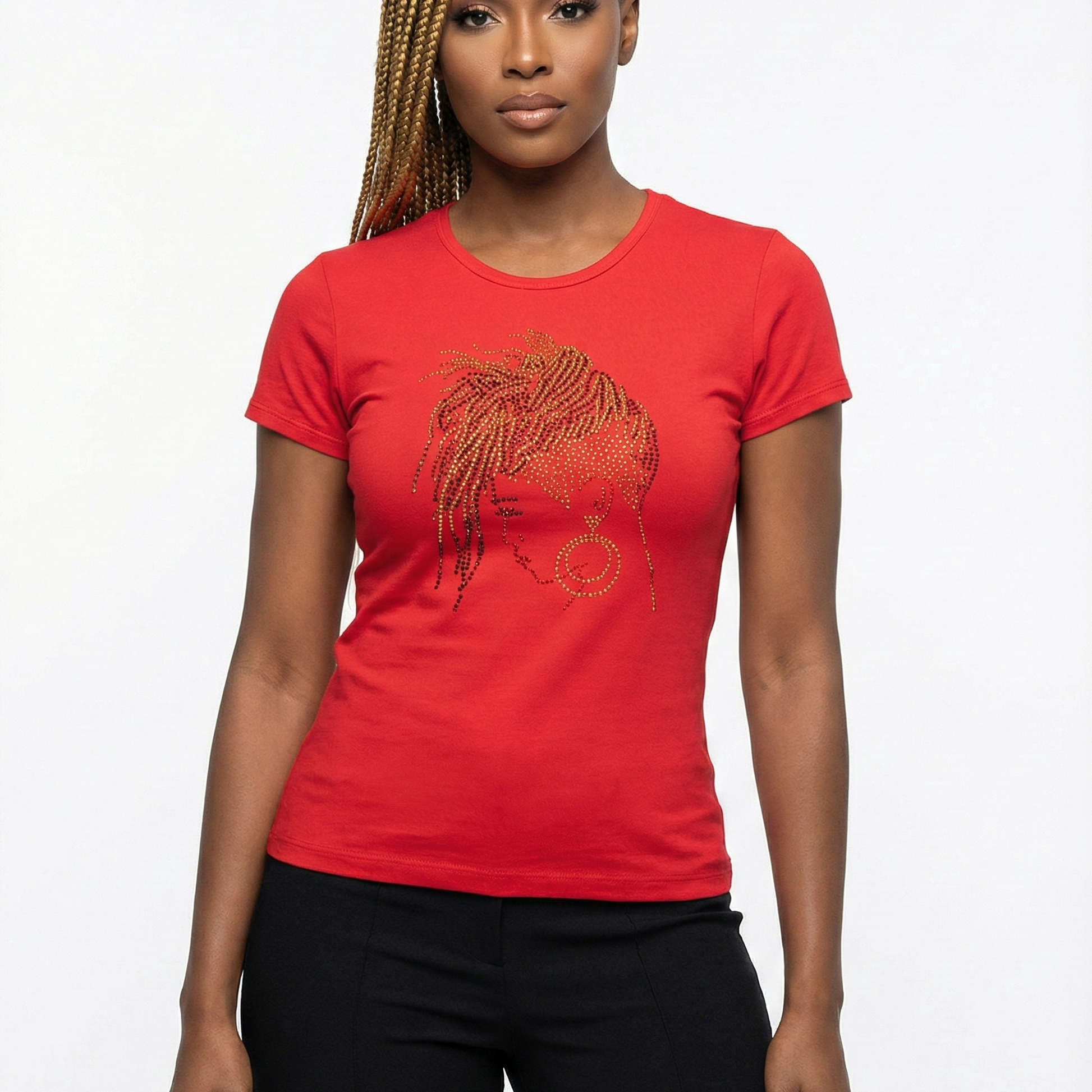 Red fitted cotton t-shirt with a gold and black rhinestone locs design on a woman.