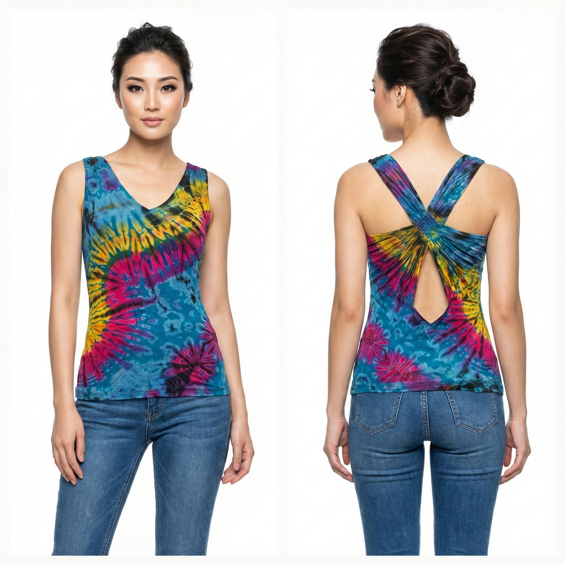 Tie-dye tank top with a colorful design, front and back views, on a white background.