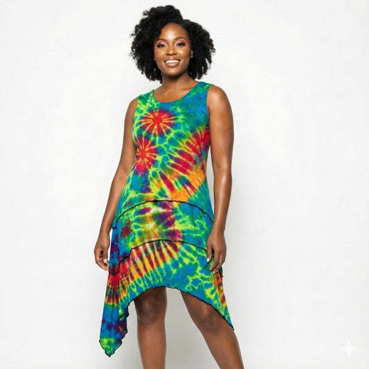 Woman wearing a colorful tie-dye dress on a white background