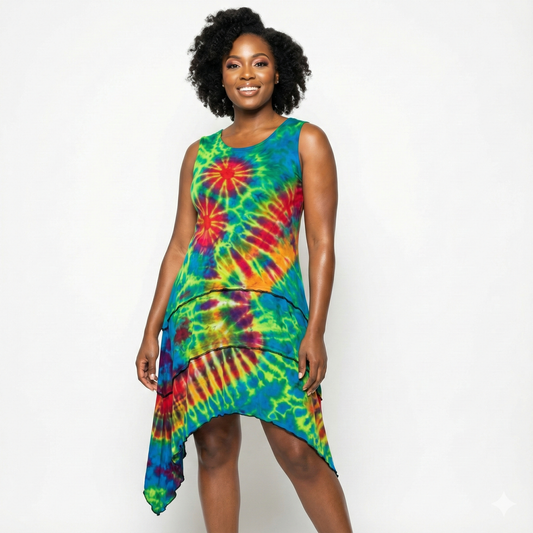 Woman wearing a colorful tie-dye dress on a white background