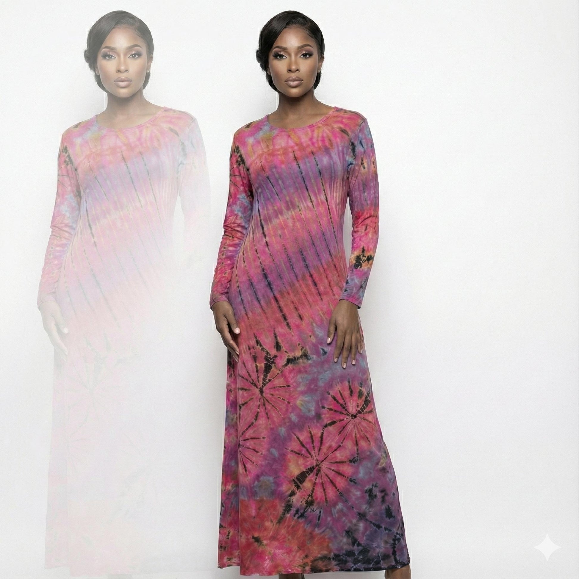 Two models wearing tie-dye long-sleeve dresses on a white background