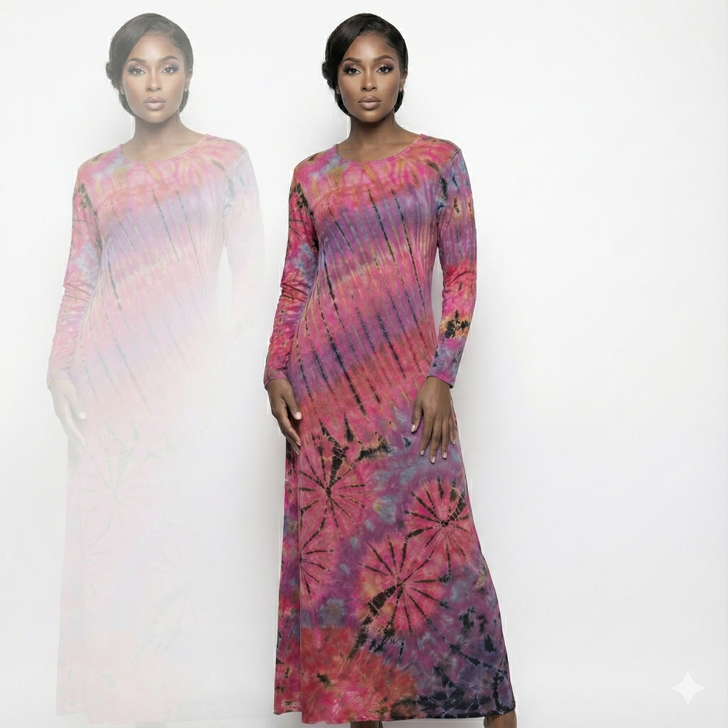 Two models wearing tie-dye long-sleeve dresses on a white background