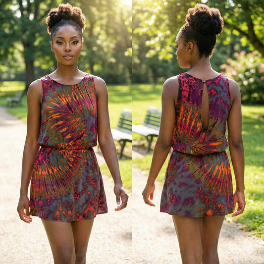 Woman wearing a colorful tie-dye dress standing outdoors on a sunny day.