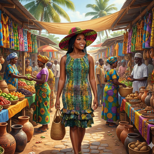 Woman in a colorful Batik dress and hat walking through a vibrant market with stalls and people.