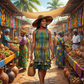 Woman in a colorful Batik dress and hat walking through a vibrant market with stalls and people.