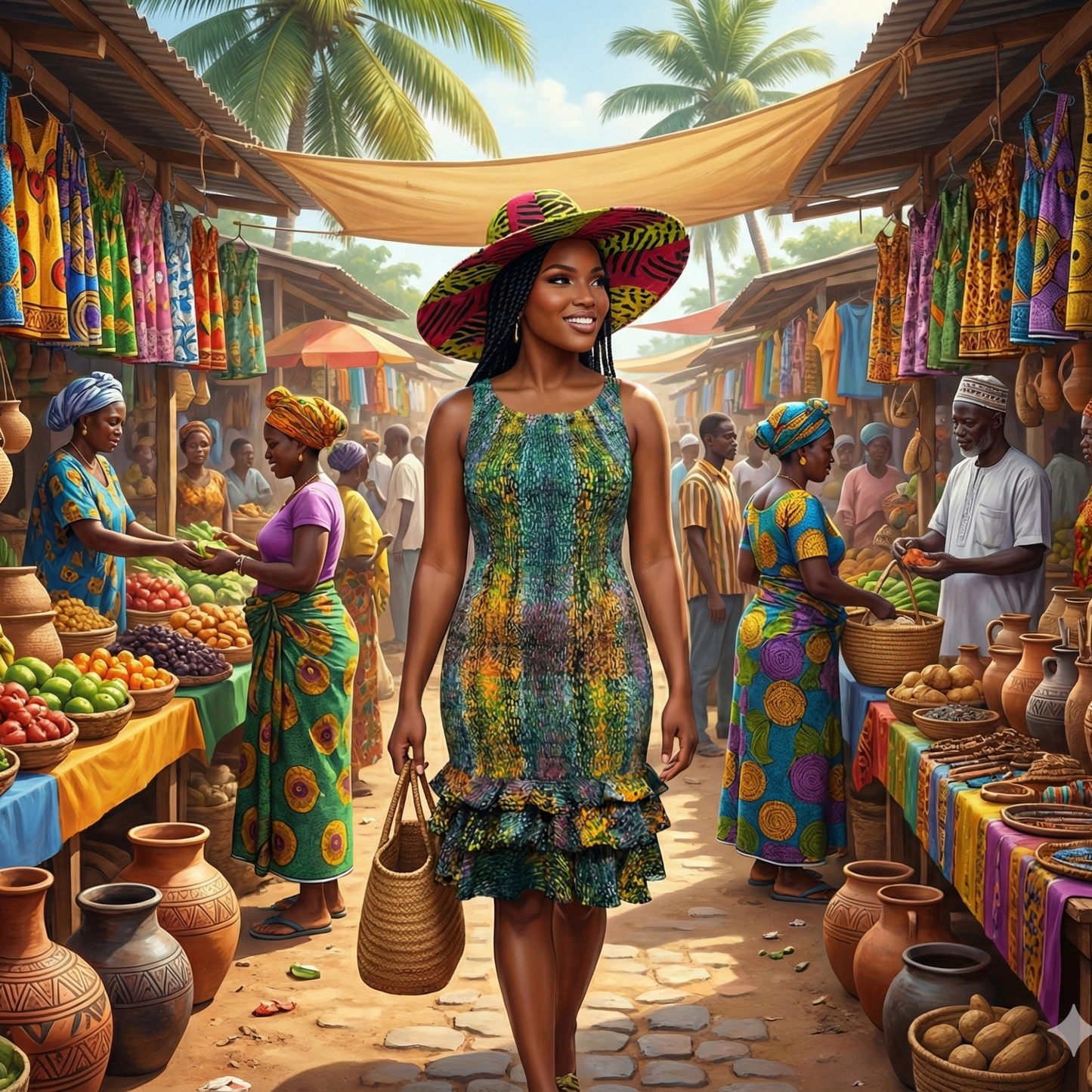 Woman in a colorful Batik dress and hat walking through a vibrant market with stalls and people.