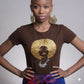 Brown 100% combed cotton Foxy Gold Afro Women's T-Shirt with rhinestone & reflective film design.