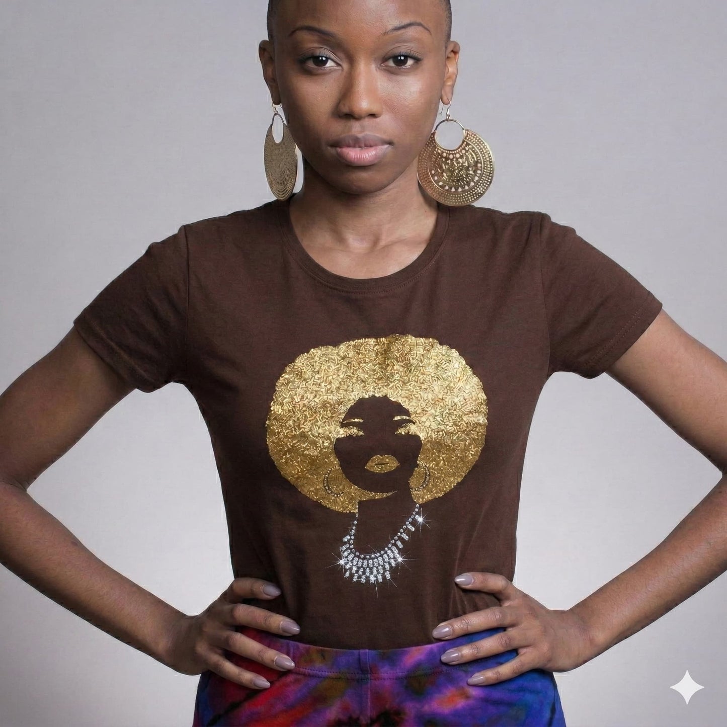 Brown 100% combed cotton Foxy Gold Afro Women's T-Shirt with rhinestone & reflective film design.