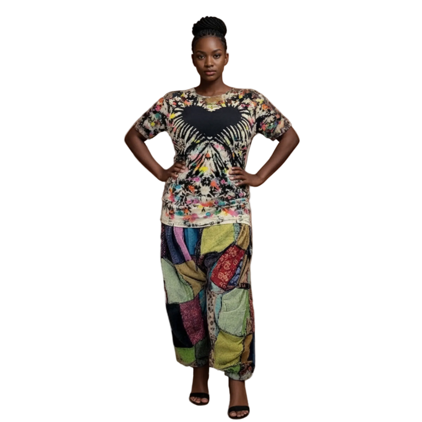Woman wearing a tie dye t shirt and  patchwork pants against a brown background