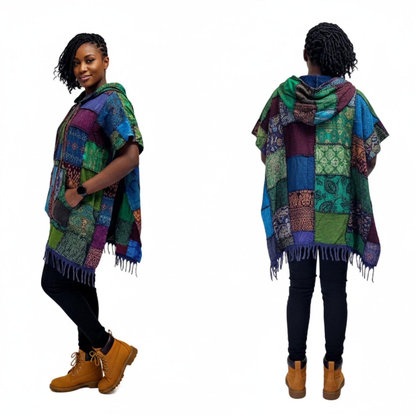 Woman wearing a colorful patchwork poncho from front and back views on a white background