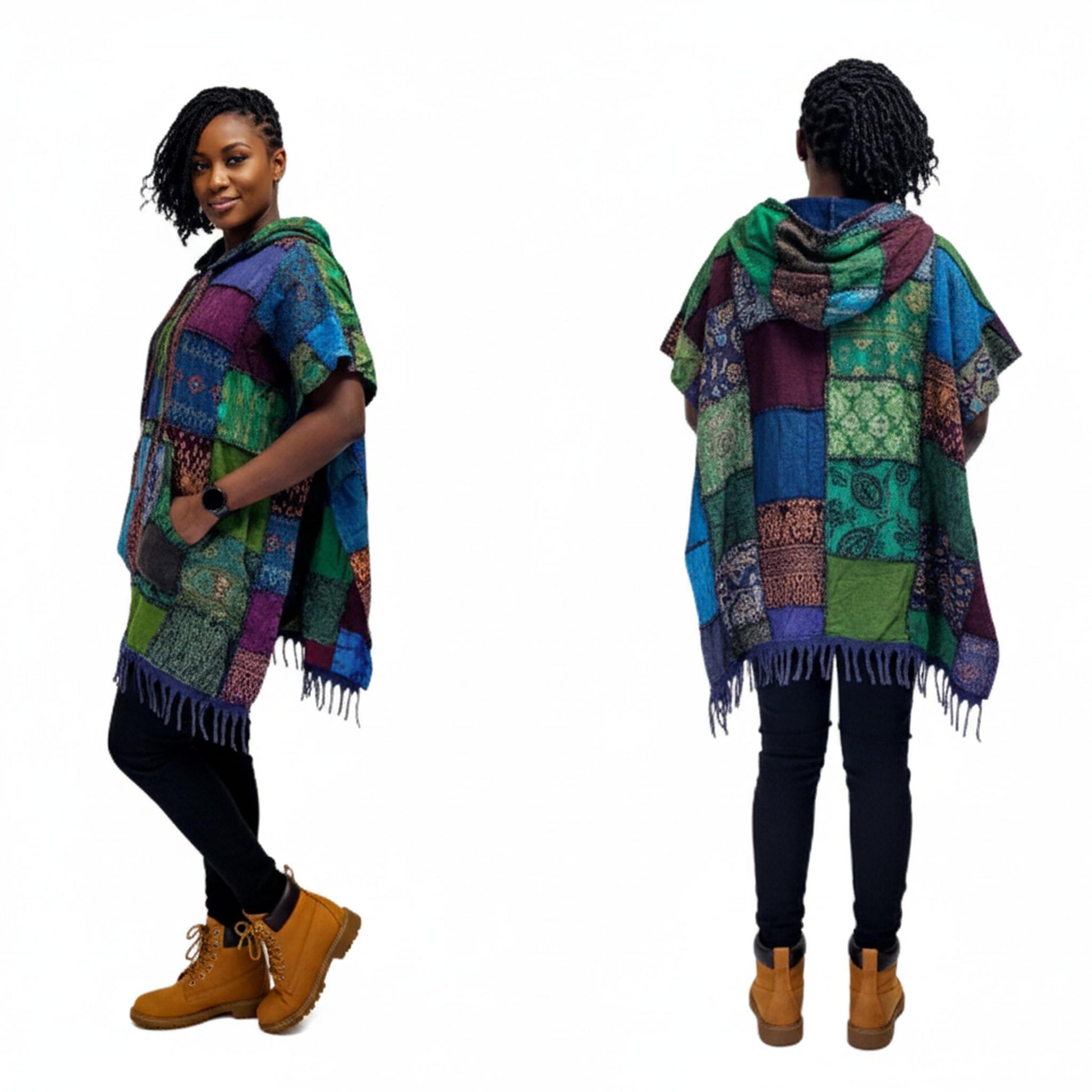 Woman wearing a colorful patchwork poncho from front and back views on a white background