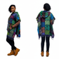 Woman wearing a colorful patchwork poncho from front and back views on a white background