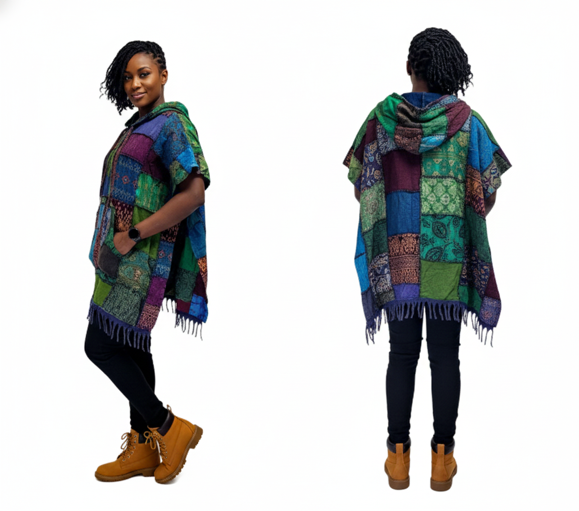 Woman wearing a colorful patchwork poncho from front and back views on a white background