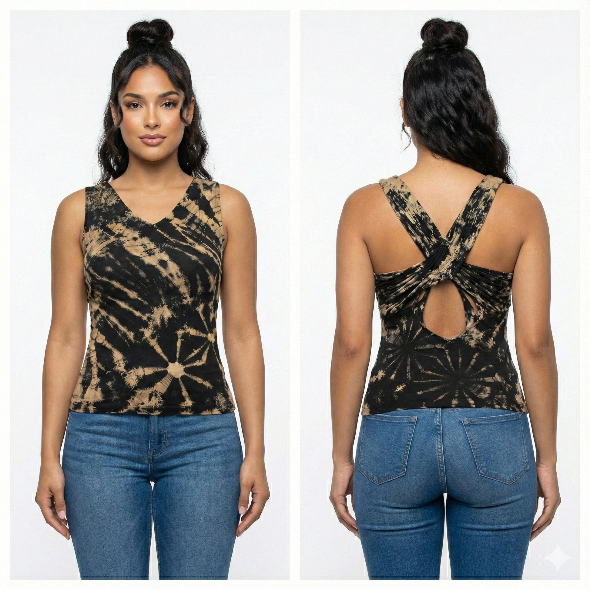 Woman wearing a tie-dye tank top with a front and back view on a white background