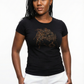 Woman black fitted cotton t-shirt with a stunning rhinestone loc design in gold and bronze