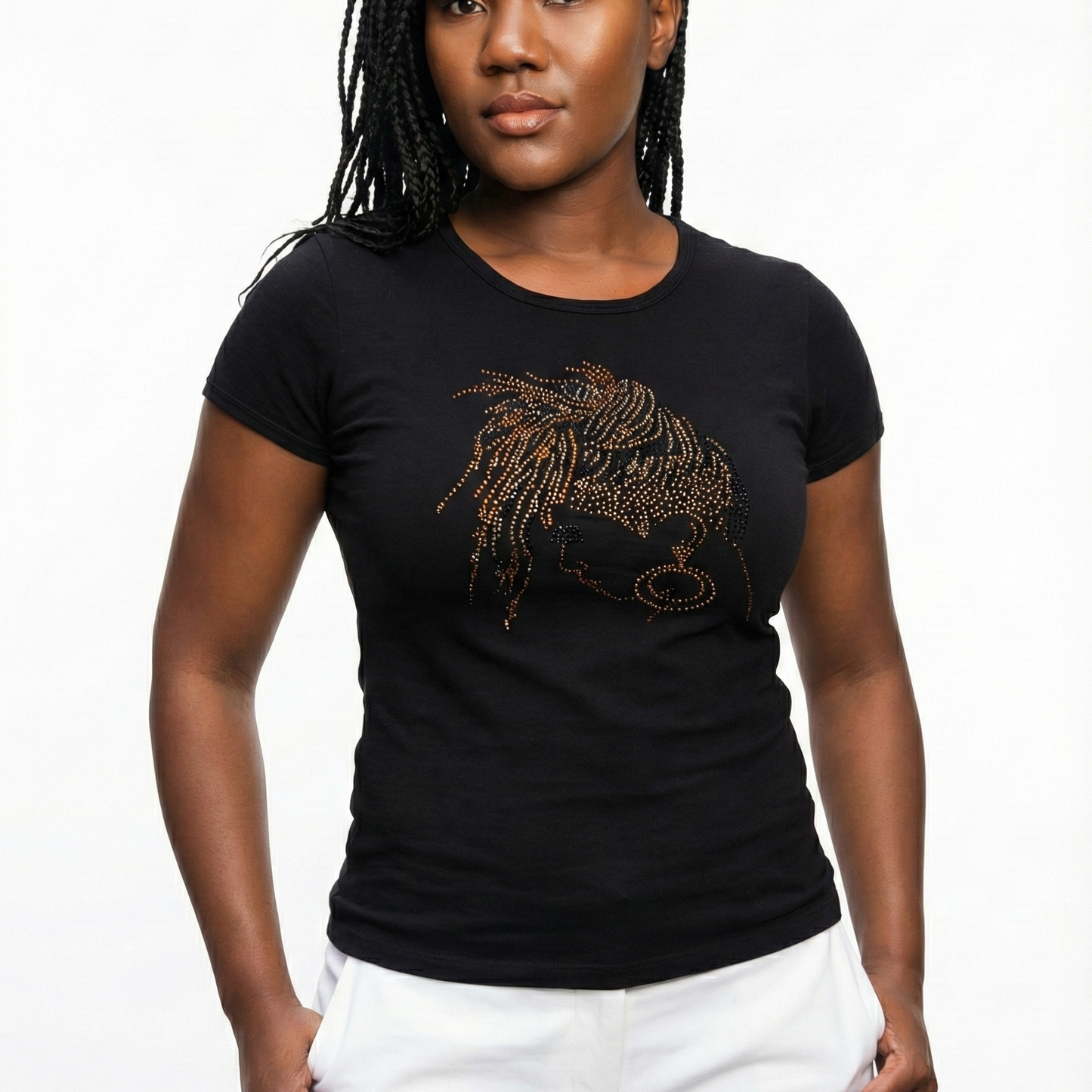 Woman black fitted cotton t-shirt with a stunning rhinestone loc design in gold and bronze