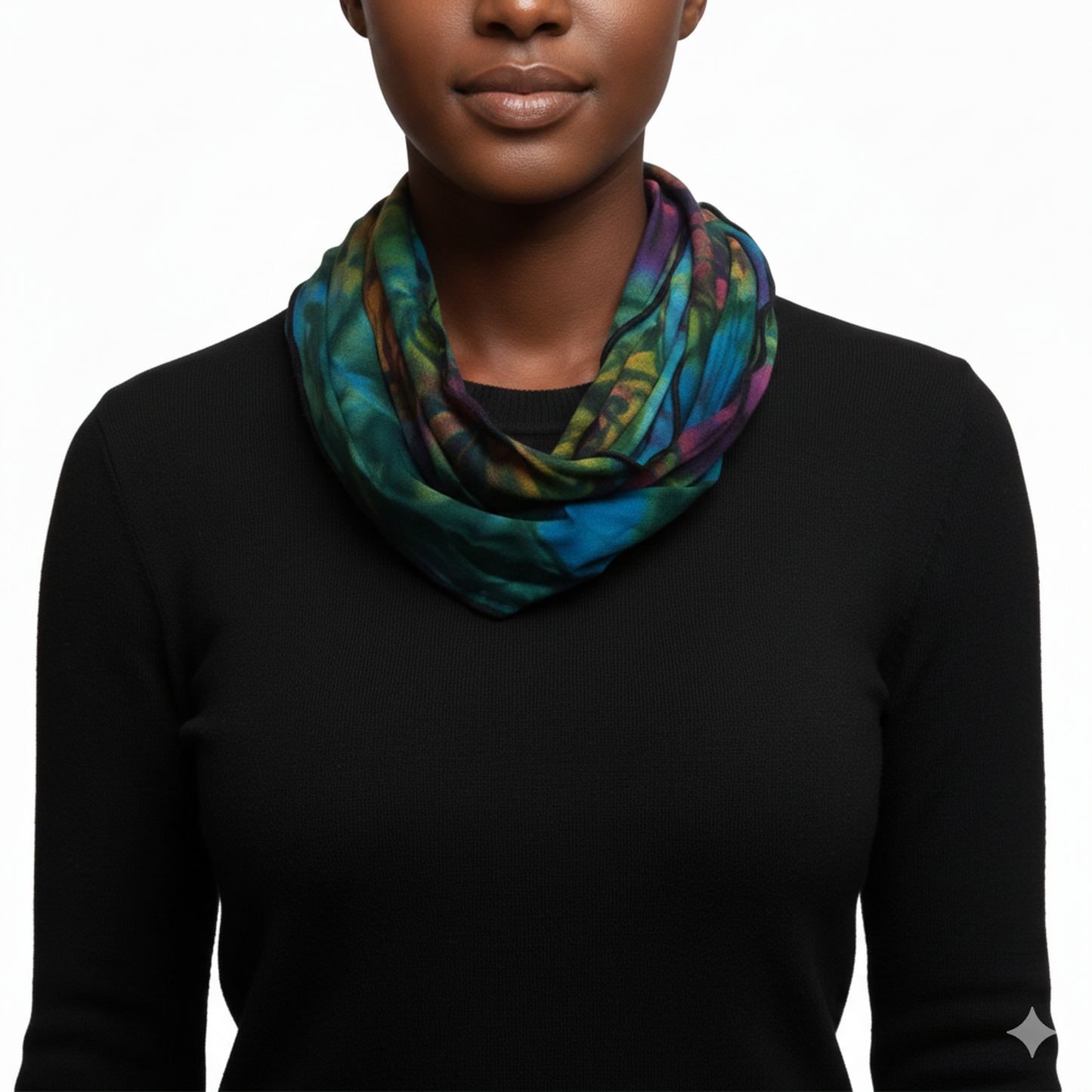 Person wearing a colorful tie dye  scarf on a white background