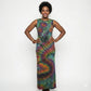 Woman wearing a tie-dye dress on a white background