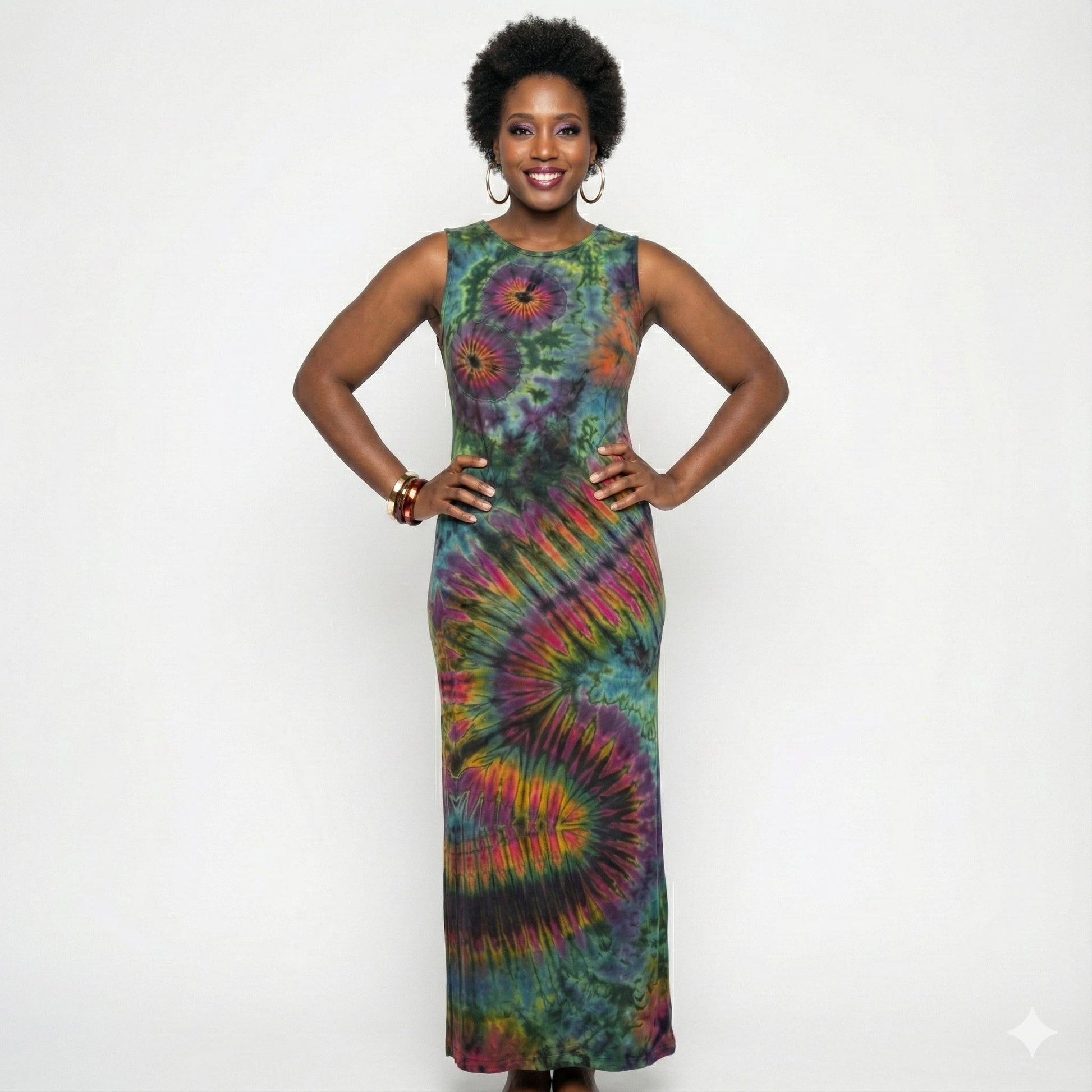 Woman wearing a tie-dye dress on a white background
