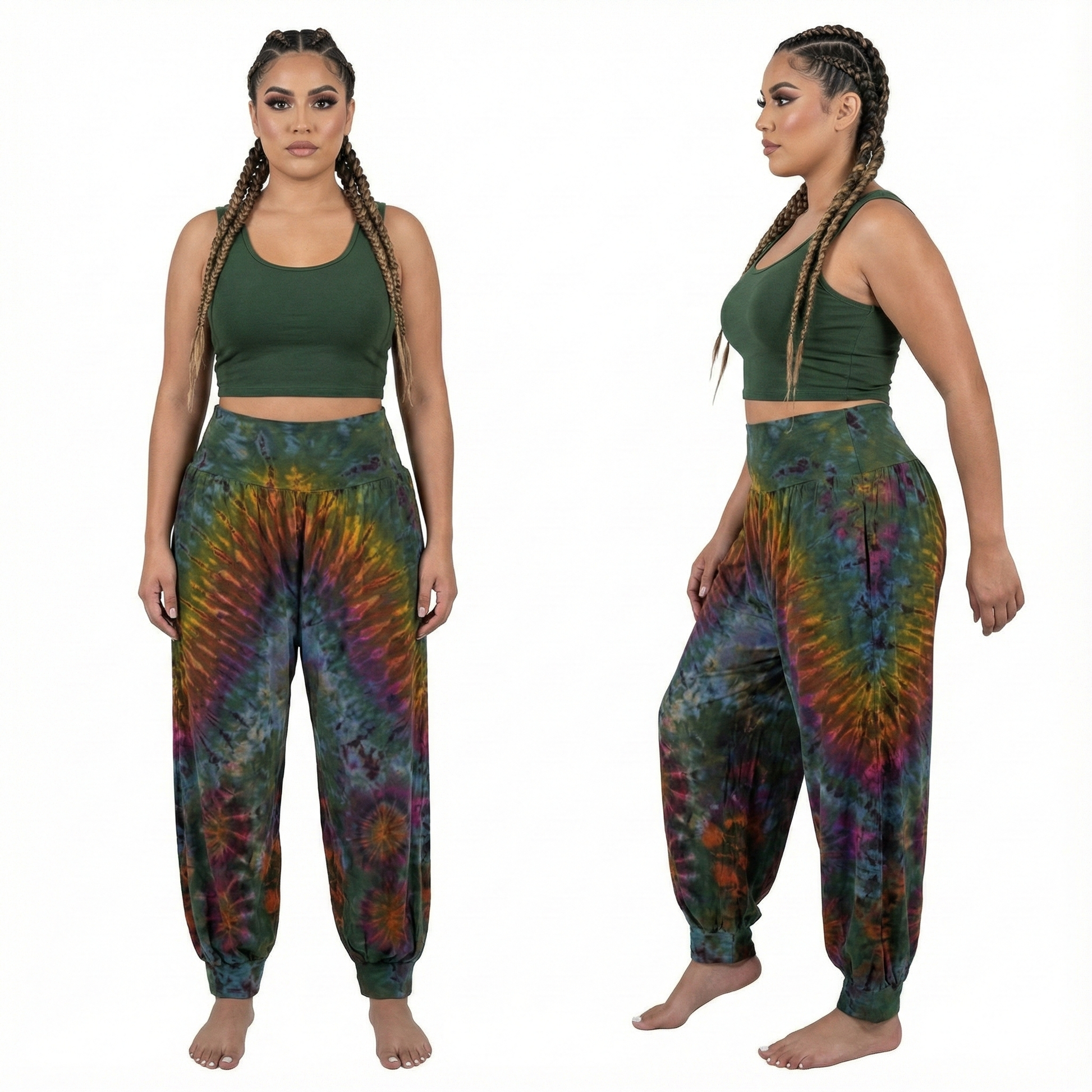 Woman wearing a green crop top and tie-dye pants on a white background