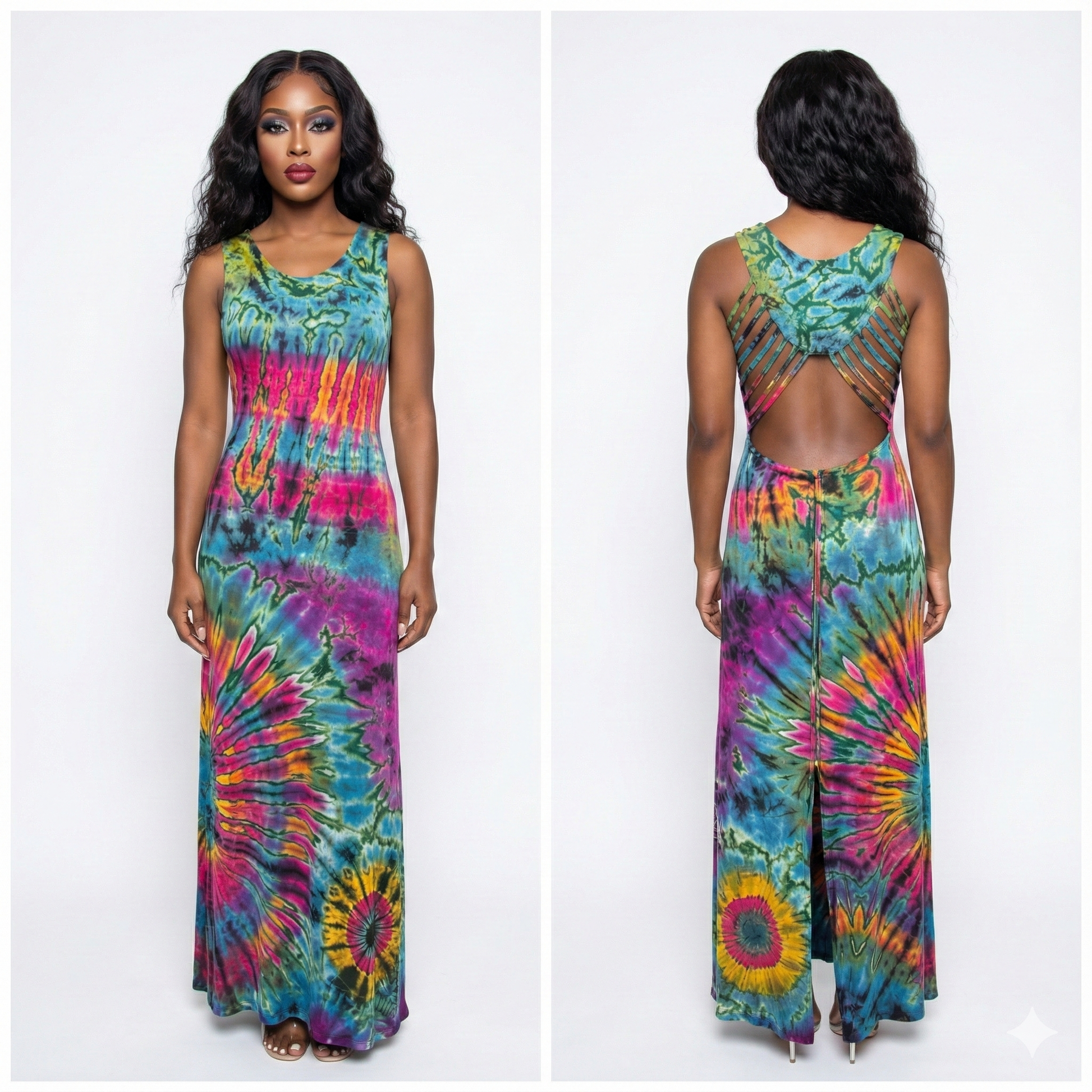 Multicolored tie-dye dress worn by a model on a white background