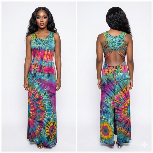 Multicolored tie-dye dress worn by a model on a white background