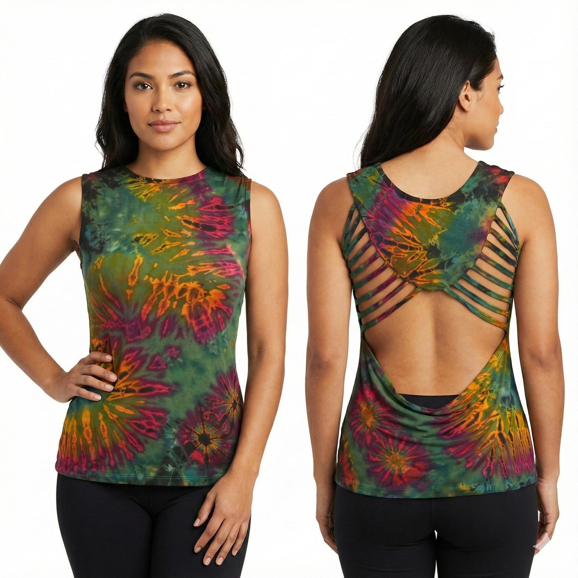 Woman wearing a colorful tie-dye sleeveless top with open back, shown from front and back views.