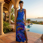 Woman in a tie dye dress standing by a pool with a scenic background