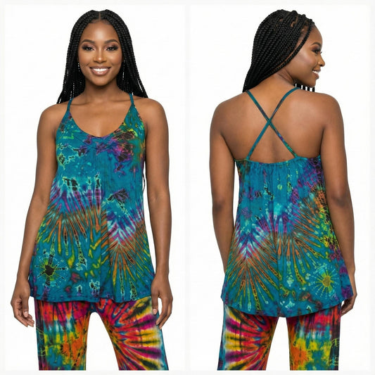 Woman wearing a tie-dye tank top and pants, shown from front and back, on a white background.