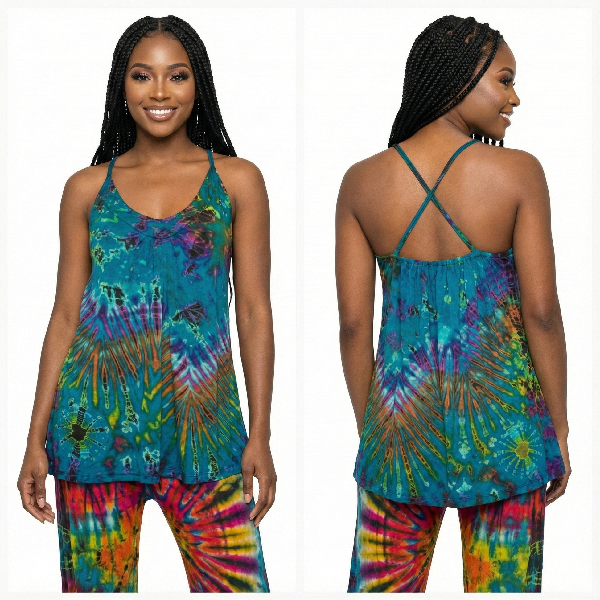 Woman wearing a tie-dye tank top and pants, shown from front and back, on a white background.