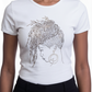 White fitted cotton t-shirt with a gold rhinestone design of a woman with locs and hoop earrings.