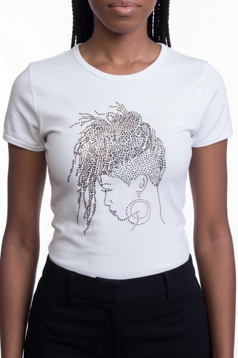 White fitted cotton t-shirt with a gold rhinestone design of a woman with locs and hoop earrings.