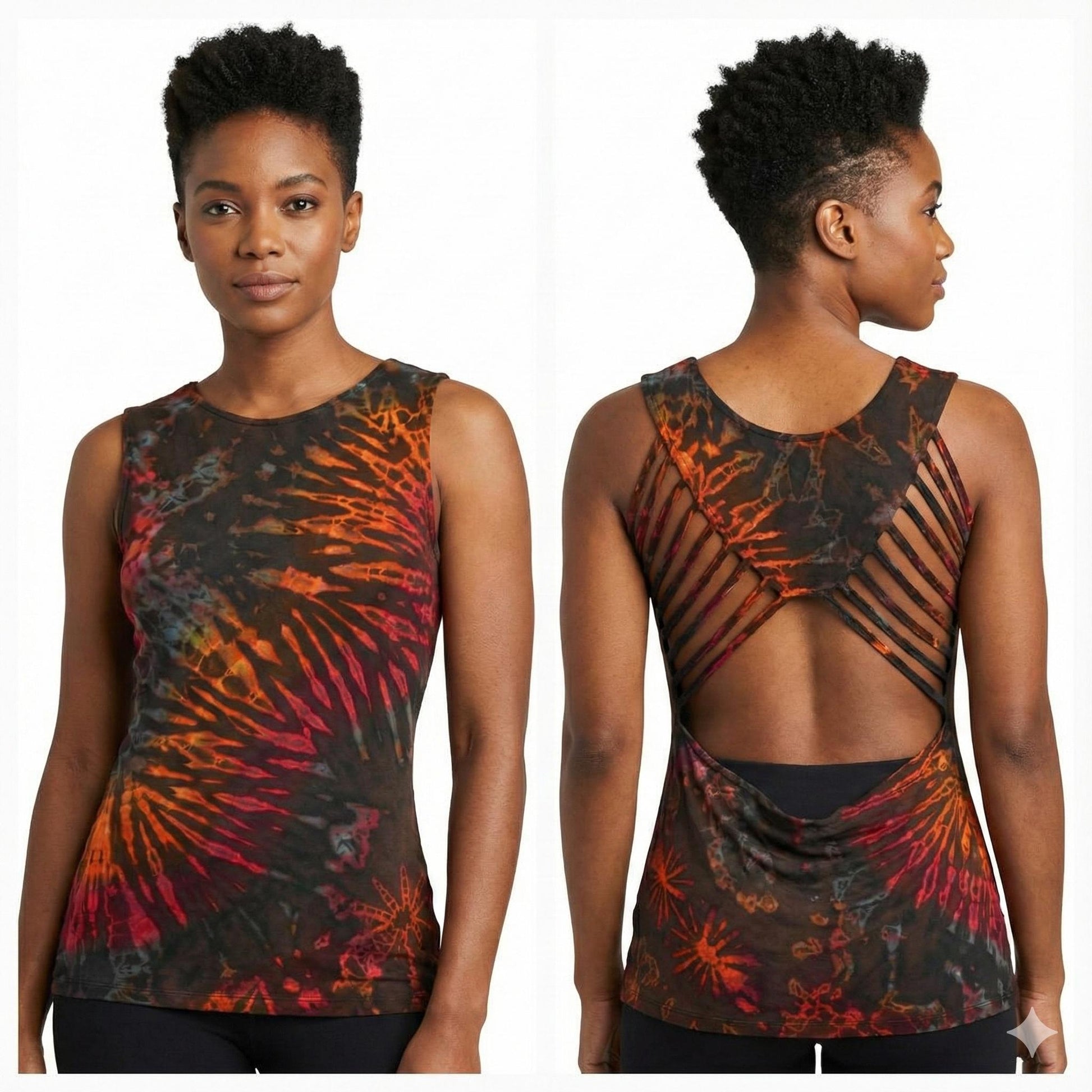 Woman wearing a tie dye sleeveless top with a colorful abstract pattern on a white background