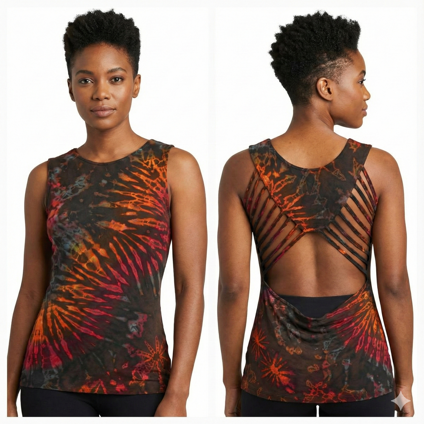 Woman wearing a tie dye sleeveless top with a colorful abstract pattern on a white background