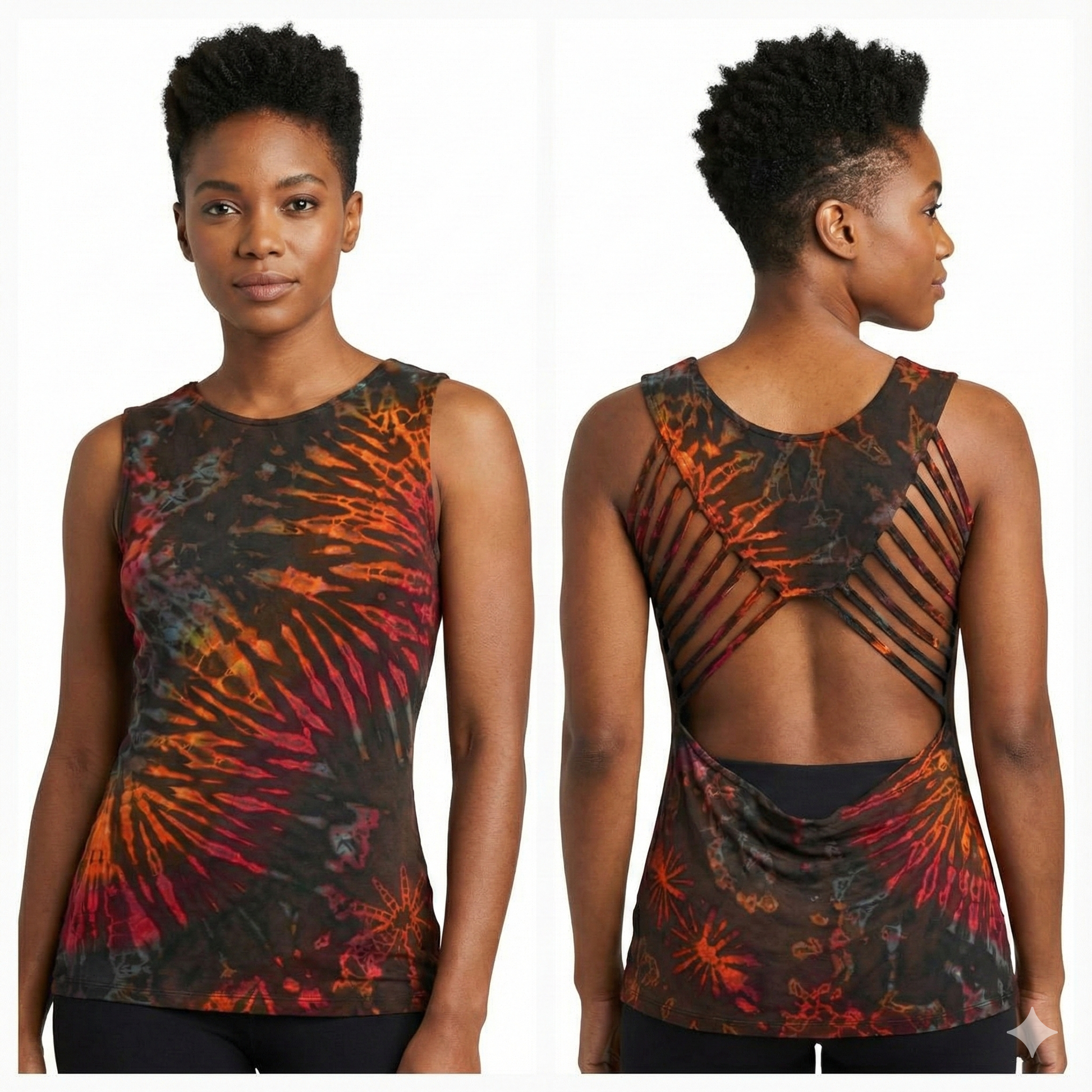 Woman wearing a tie dye sleeveless top with a colorful abstract pattern on a white background