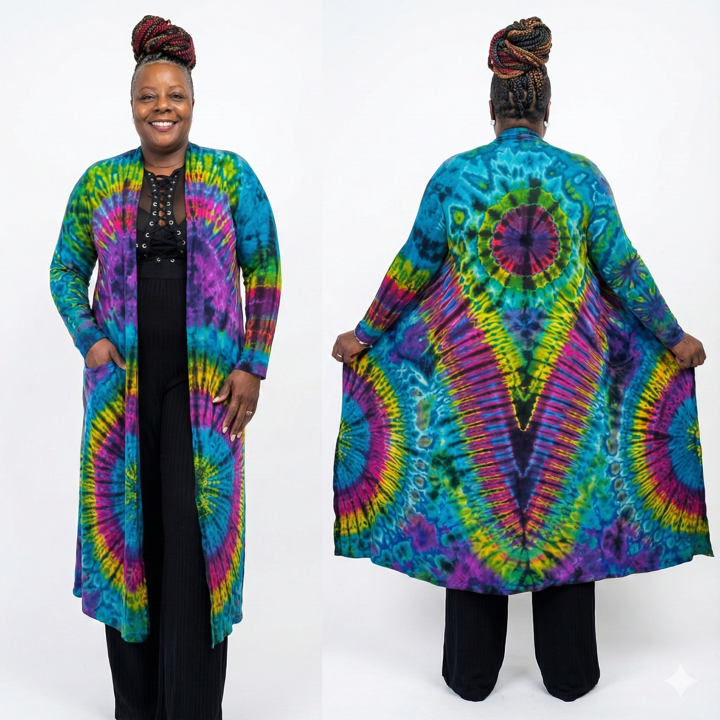 Person wearing a vibrant tie-dye cardigan on a white background